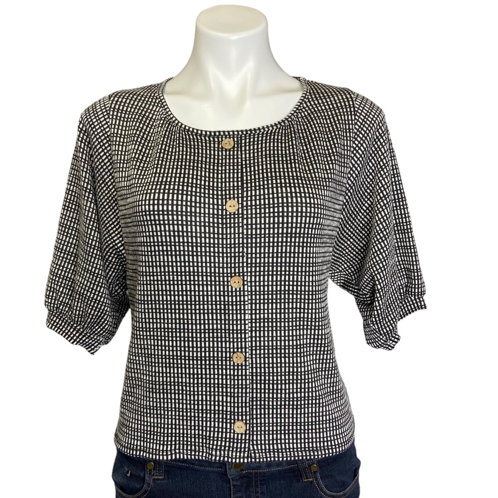 W5 Dotted Line Stripe Plaid Button Front 1/2 Sleeve Blouse Top Black White M
